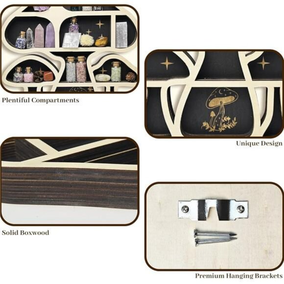 Wooden Mushroom Floating Shelf Crystal Display Wall Hanging Organizer for Decor - Picture 4 of 7